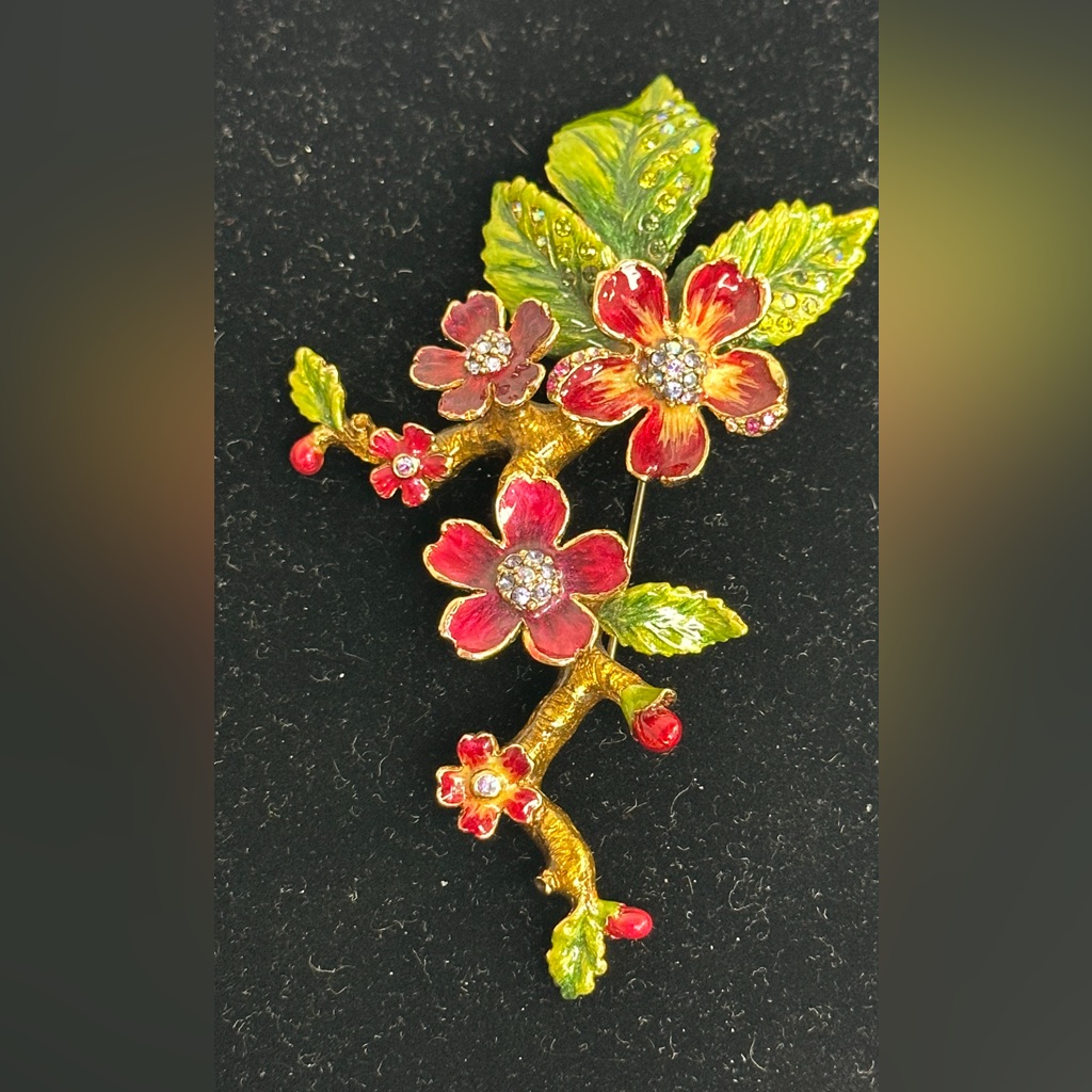 Jay Strongwater Floral Brooch With Red And Green Accents New
